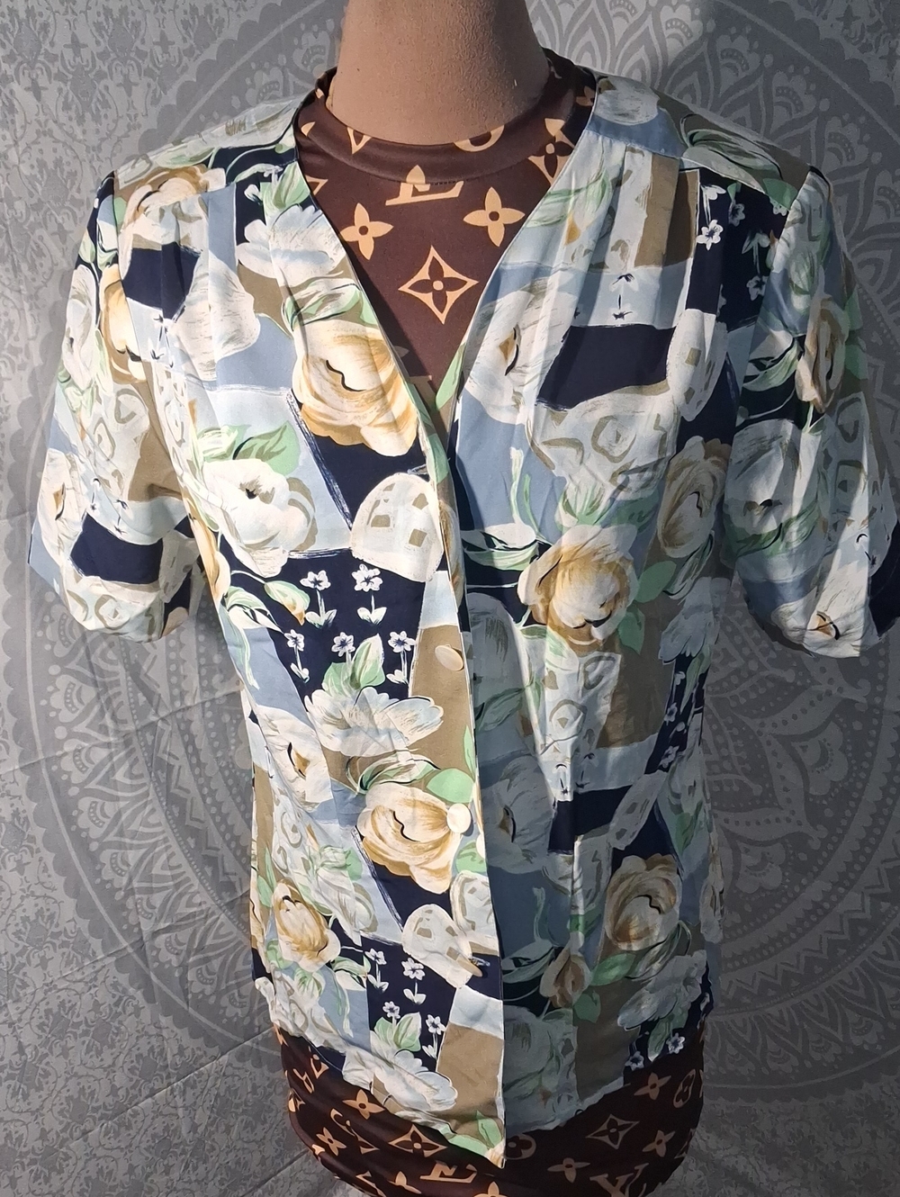 Notations Patchwork Floral Button-Front Blouse - Navy/Green/Cream